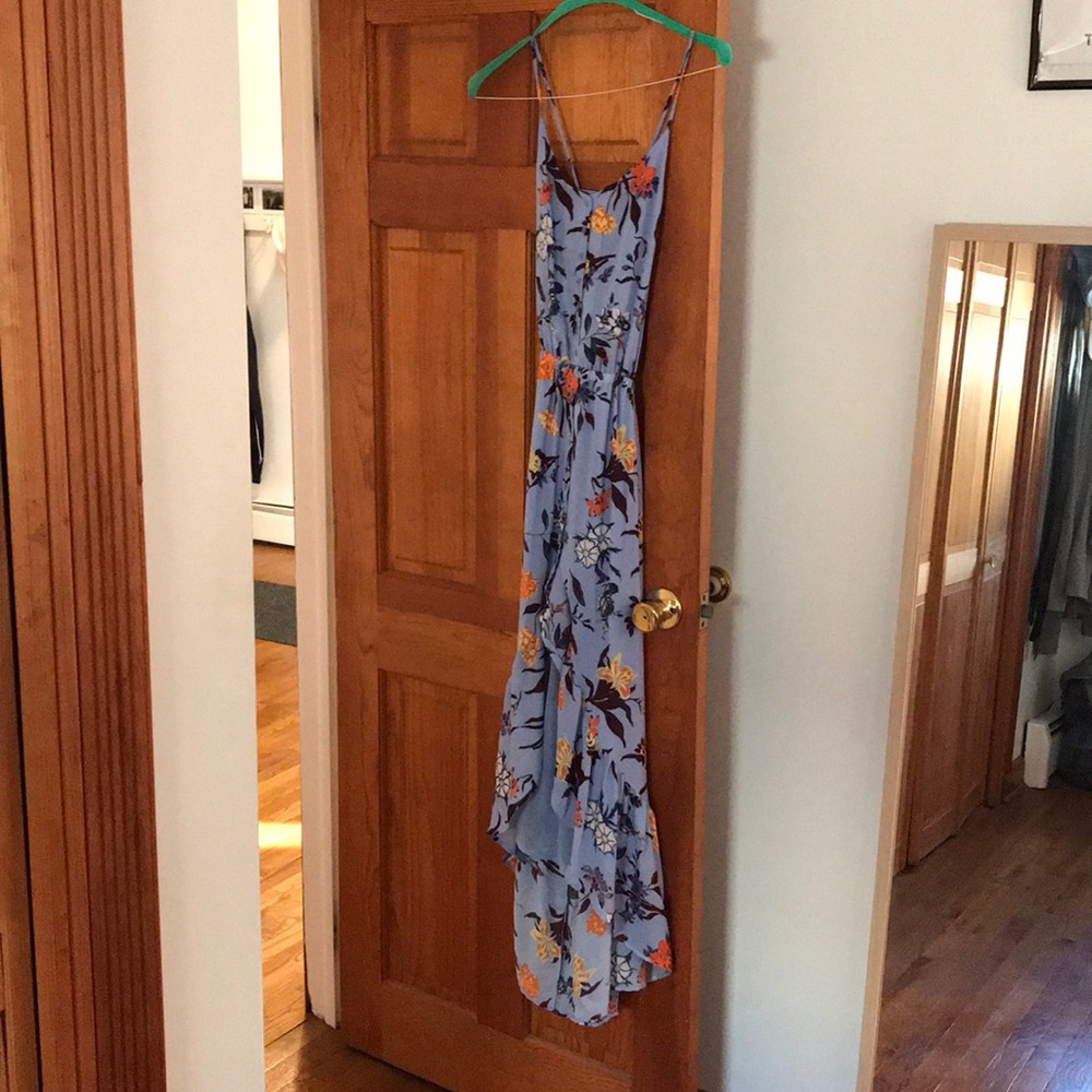 Blue colorful high low dress with hibiscus flowers